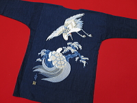 義若オリジナルの鯉口シャツ・ダボシャツ 藍調バックプリント　鶴亀！